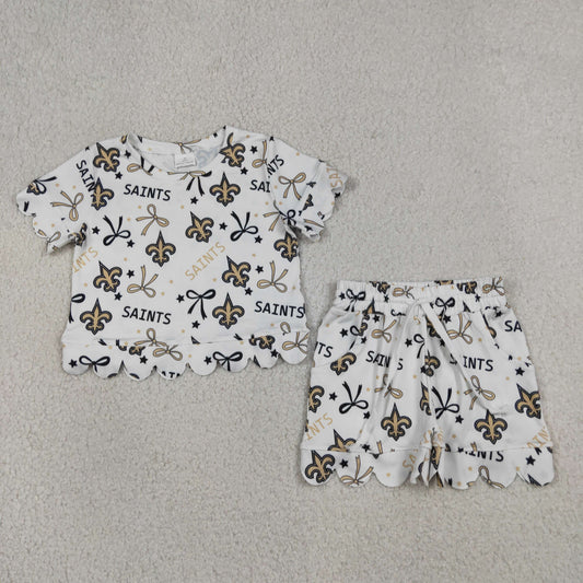 RTS NO MOQ milk silk GSSO3561 Little Girls Team Style Star Bow Scallop Edge Casual Wear Set
