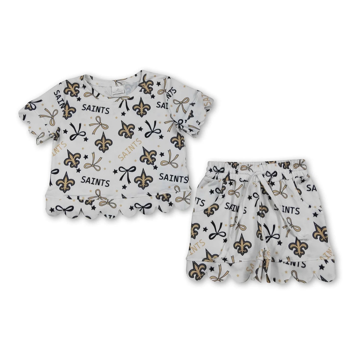 RTS NO MOQ Sibling milk silk Baby Girls Bows Print Top Pockets Shorts Team Scallop Clothes Sets