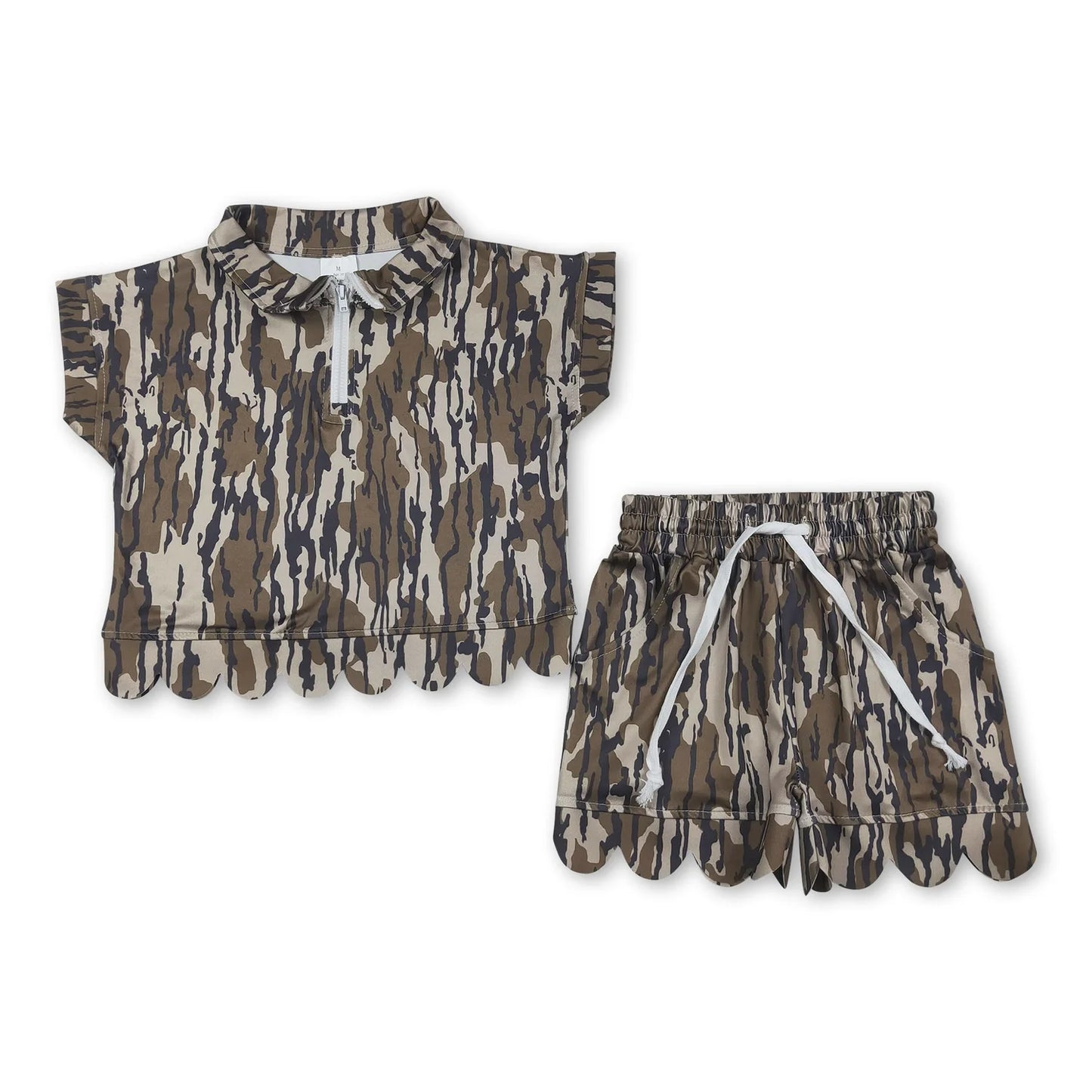 RTS NO MOQ Sibling milk silk Baby Girls Zip Front Pocket Top Scallop Edge Shorts Clothes Set