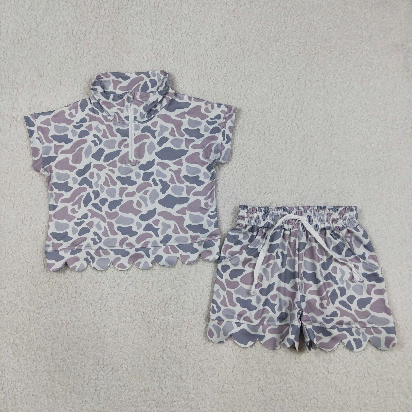 RTS NO MOQ milk silk GSSO3564 Baby Girls Light Grey Southern Camo Zip Front Top Scallop Hem Shorts Set