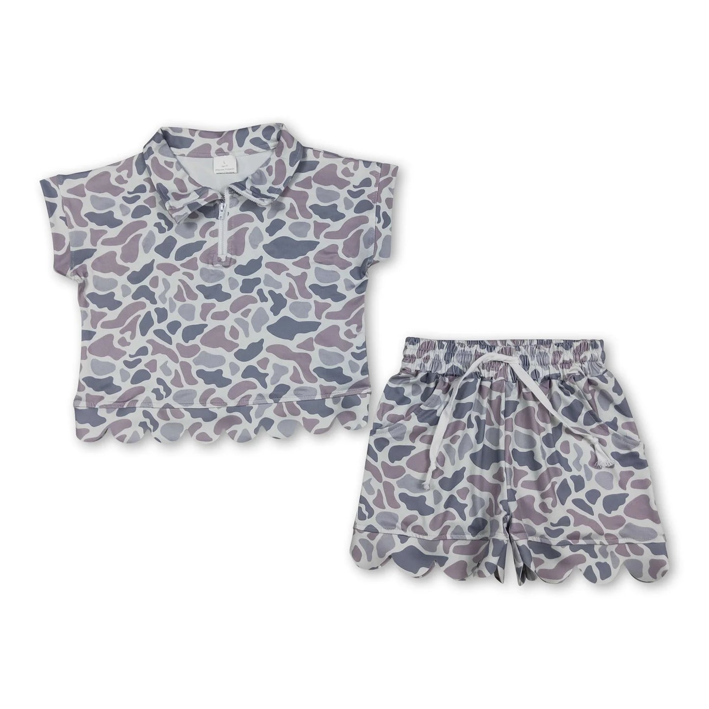 RTS NO MOQ Sibling milk silk Baby Girls Zip Front Pocket Top Scallop Edge Shorts Clothes Set