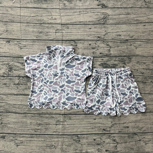 Best Sell Baby Girls Light Grey Camo Zipper Top Scallop Shorts Outfit Set Southern Style Preorder