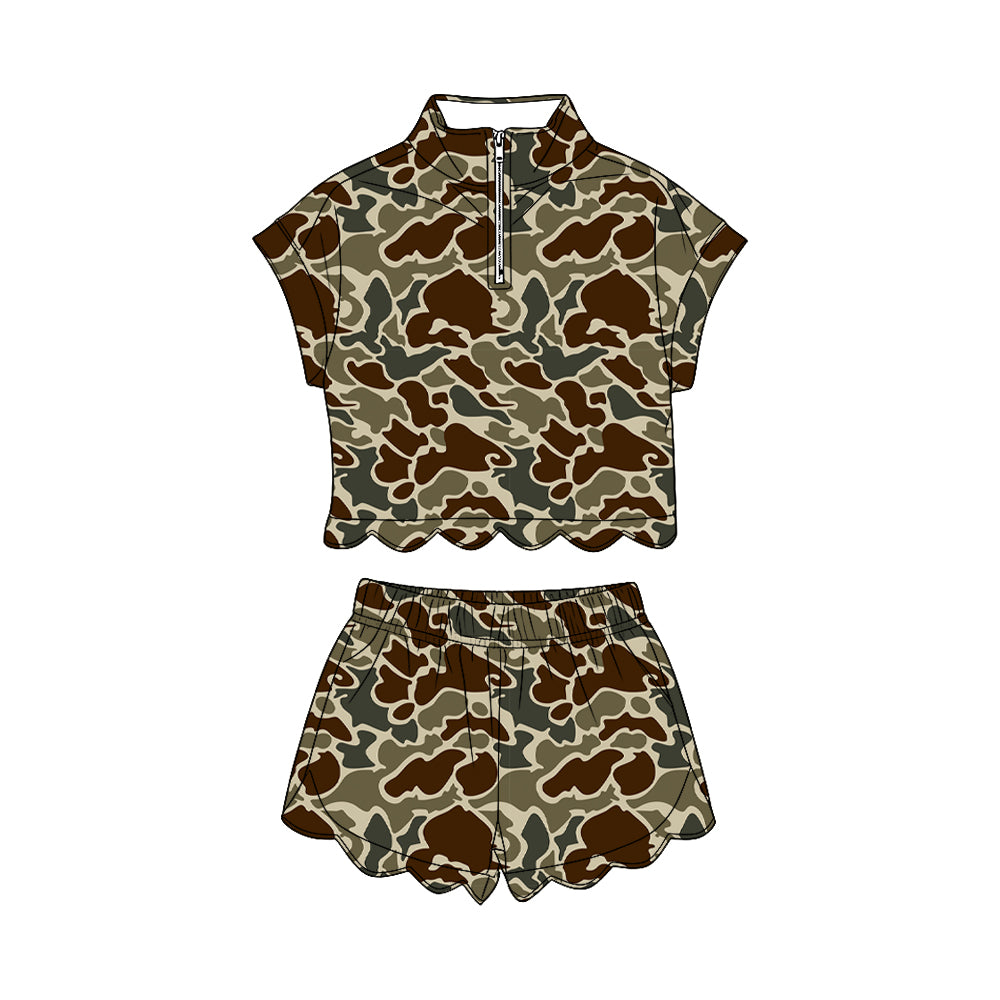 (Preorder new) No moq GSSO3569 Baby Girls Dark Khaki Camo Print Zipper Long Sleeve Top Scallop Hem Shorts Clothes Set