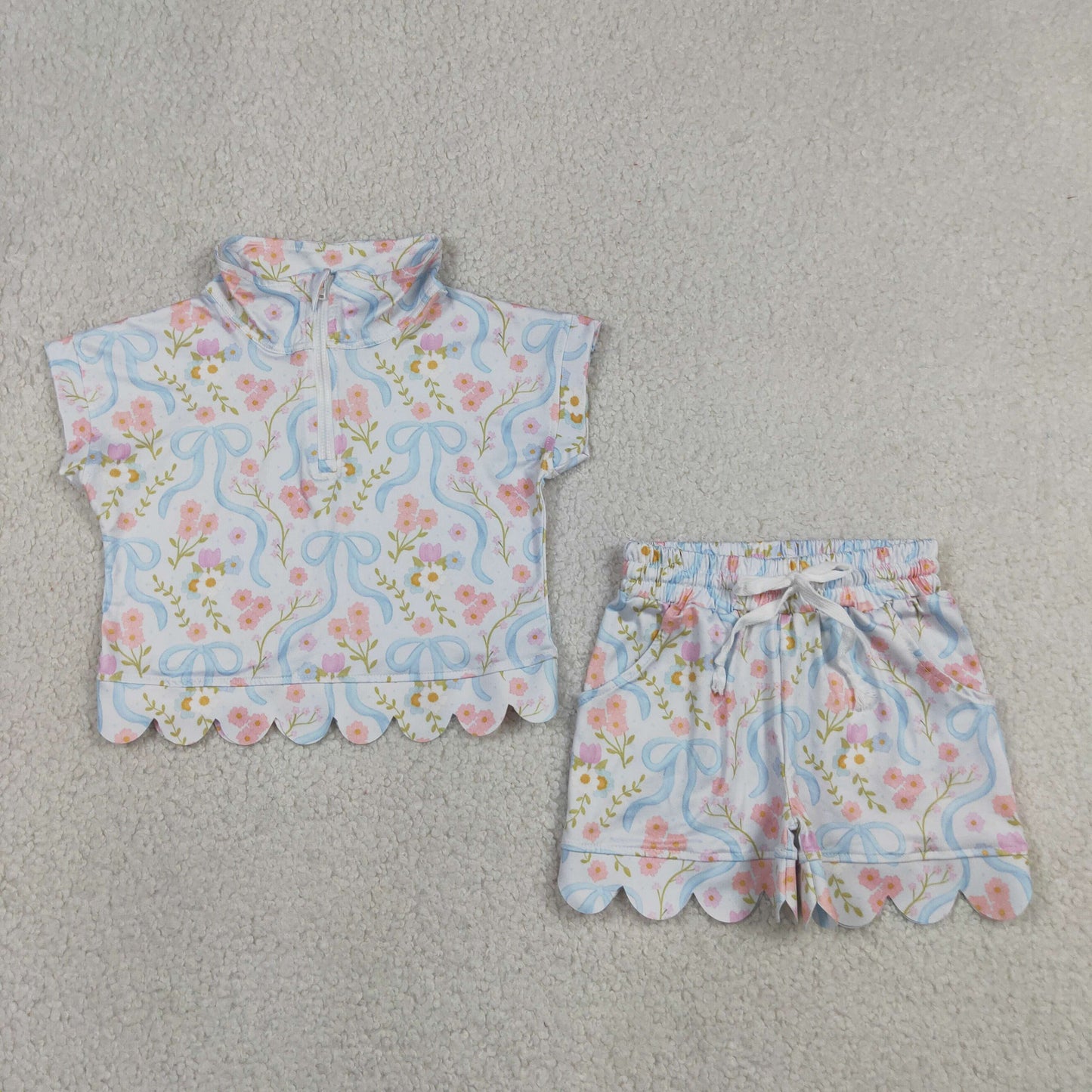 RTS NO MOQ milk silk GSSO3575 Toddler Girls Bow Floral Zip Pullover With Pockets Scallop Short Set