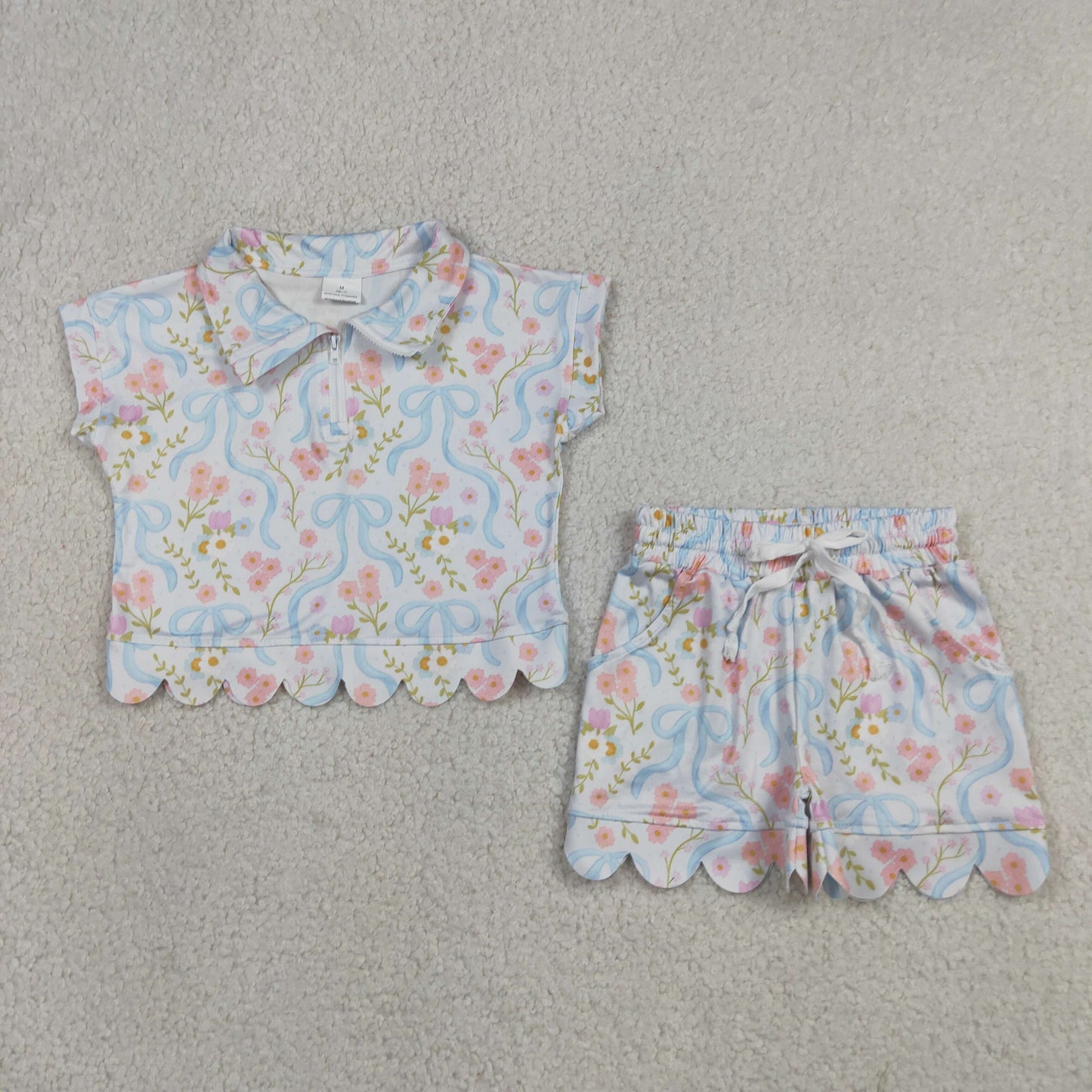 RTS NO MOQ milk silk GSSO3575 Toddler Girls Bow Floral Zip Pullover With Pockets Scallop Short Set