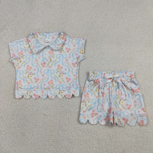 RTS NO MOQ milk silk GSSO3575 Toddler Girls Bow Floral Zip Pullover With Pockets Scallop Short Set