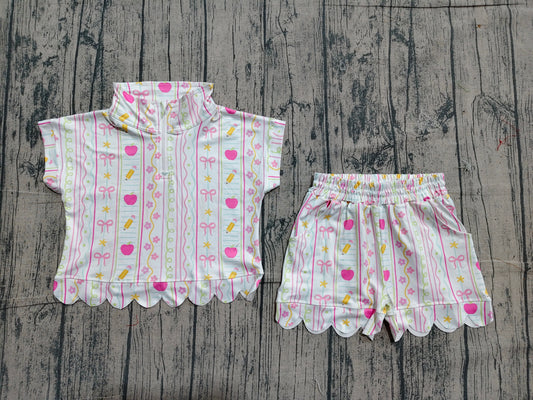 (Sample) No moq GSSO3582 Baby Girls Casual Back To School Pencils Flowers Scallop Short Set