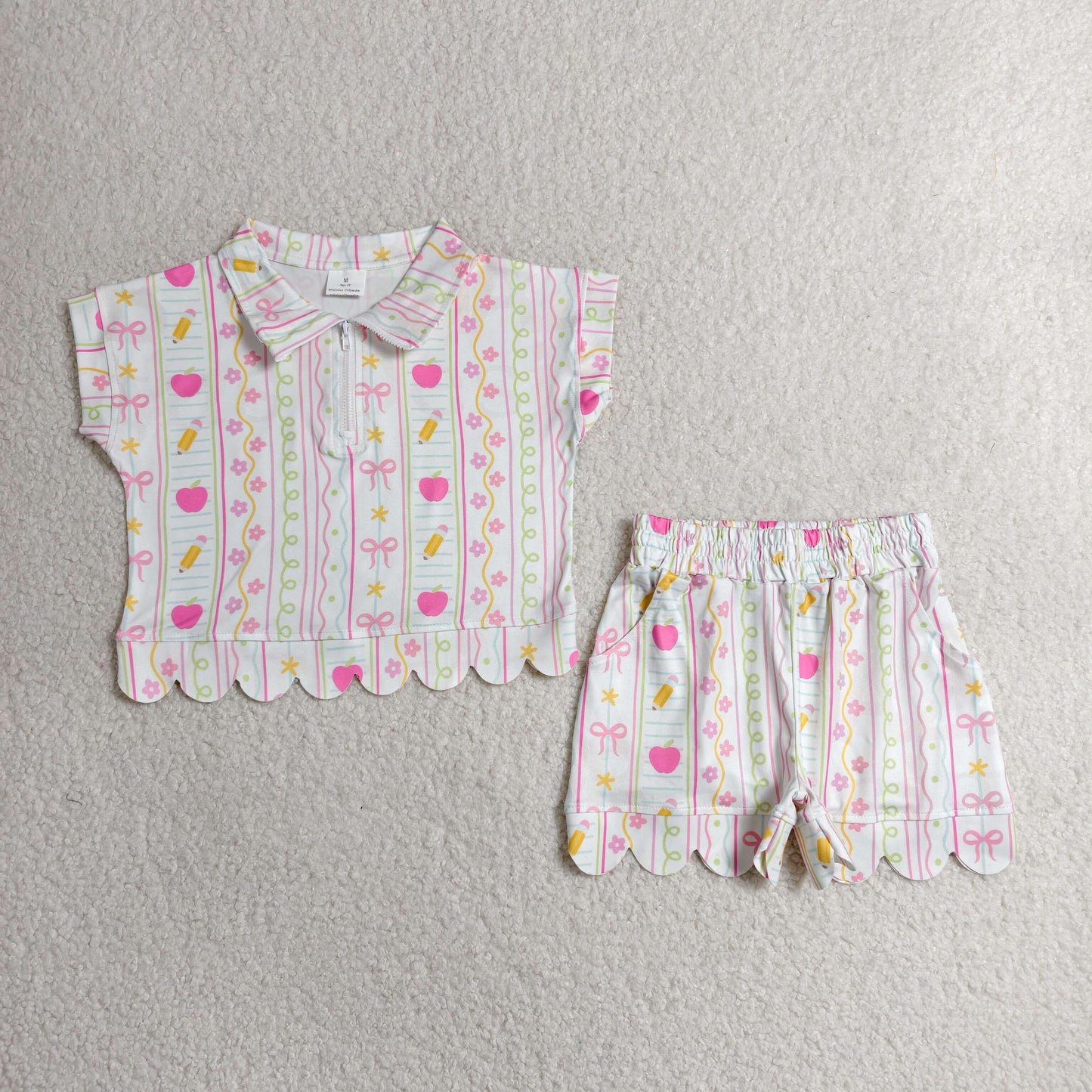 RTS NO MOQ milk silk GSSO3582 Baby Girls Back To School Pencils Flowers Scallop Short Set(2T -14-16T）