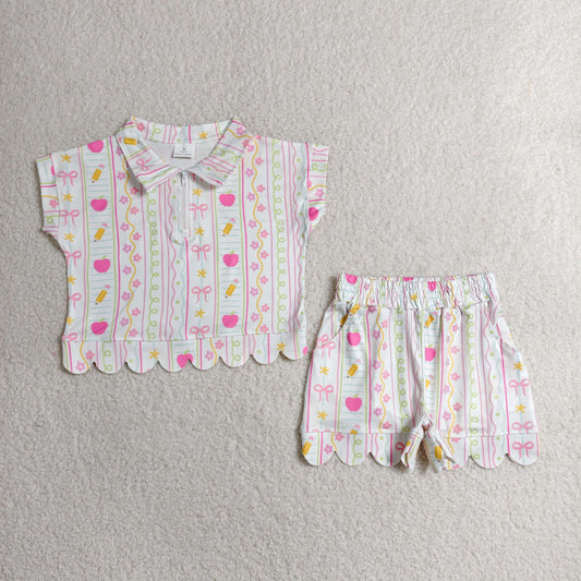 RTS NO MOQ milk silk GSSO3582 Baby Girls Back To School Pencils Flowers Scallop Short Set(2T -14-16T）