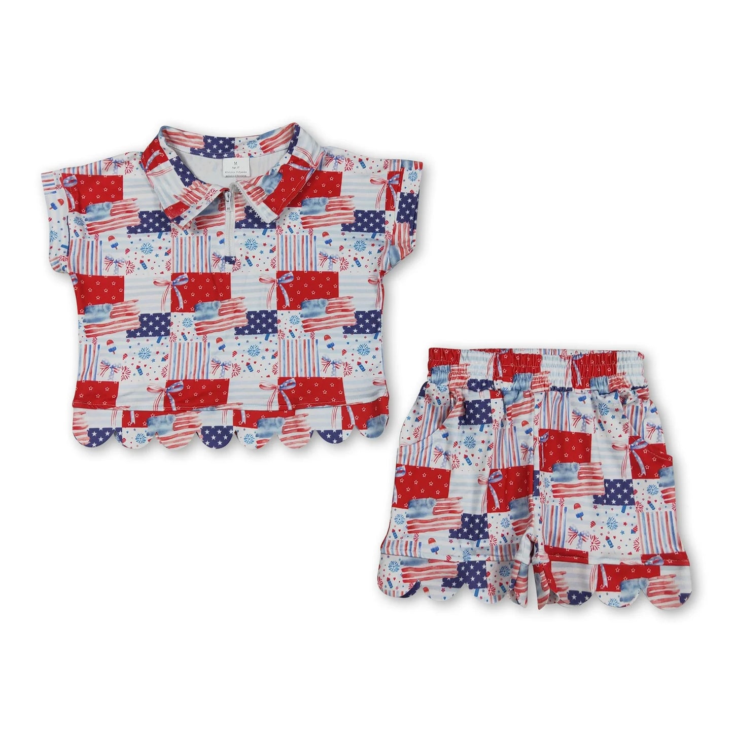 RTS NO MOQ Sibling milk silk Baby Girls Zip Front Pocket Top Scallop Edge Shorts Clothes Set
