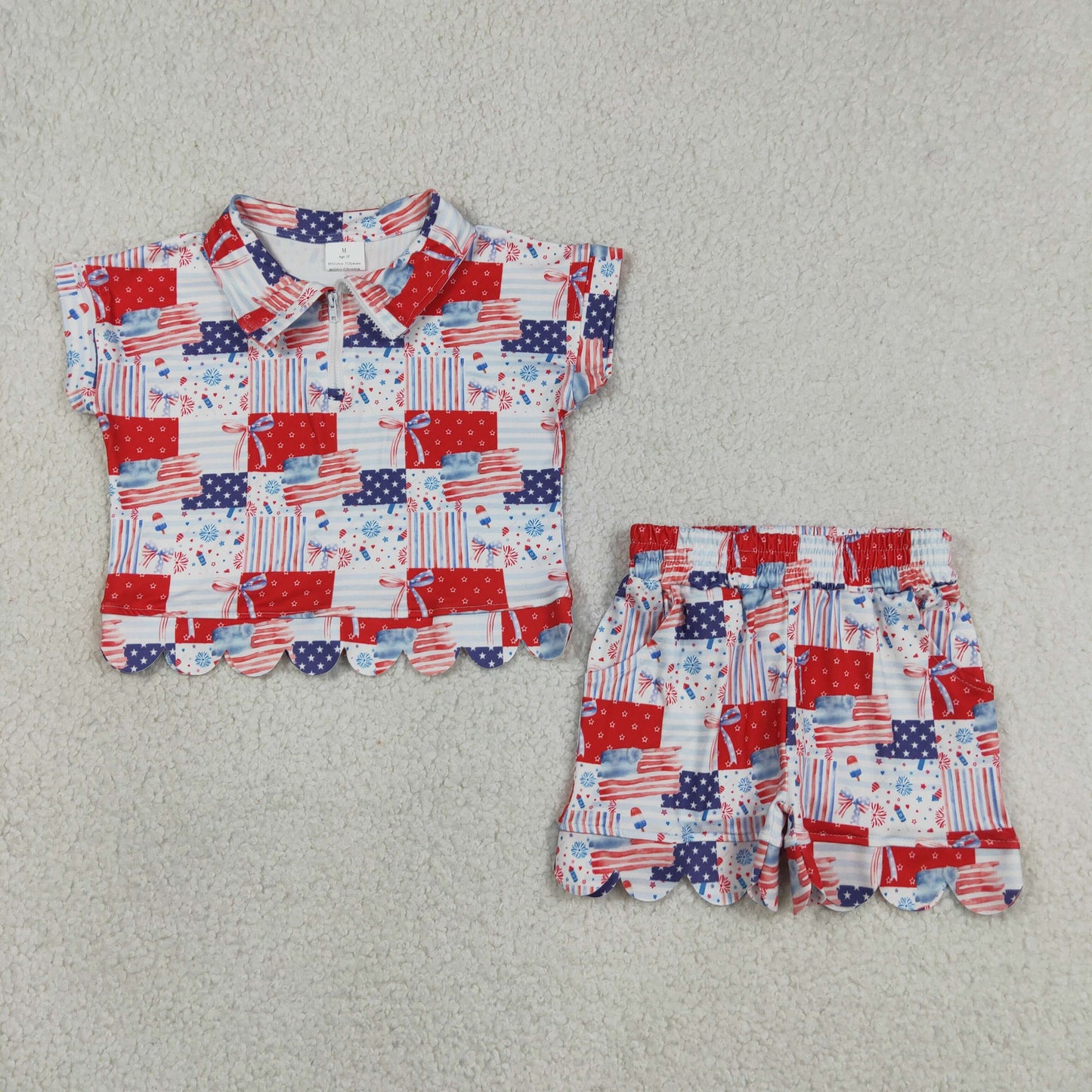 RTS NO MOQ milk silk GSSO3599 Baby Girls Bows Flags Checked Zip Top Short 4th of July Scallop Clothes Sets