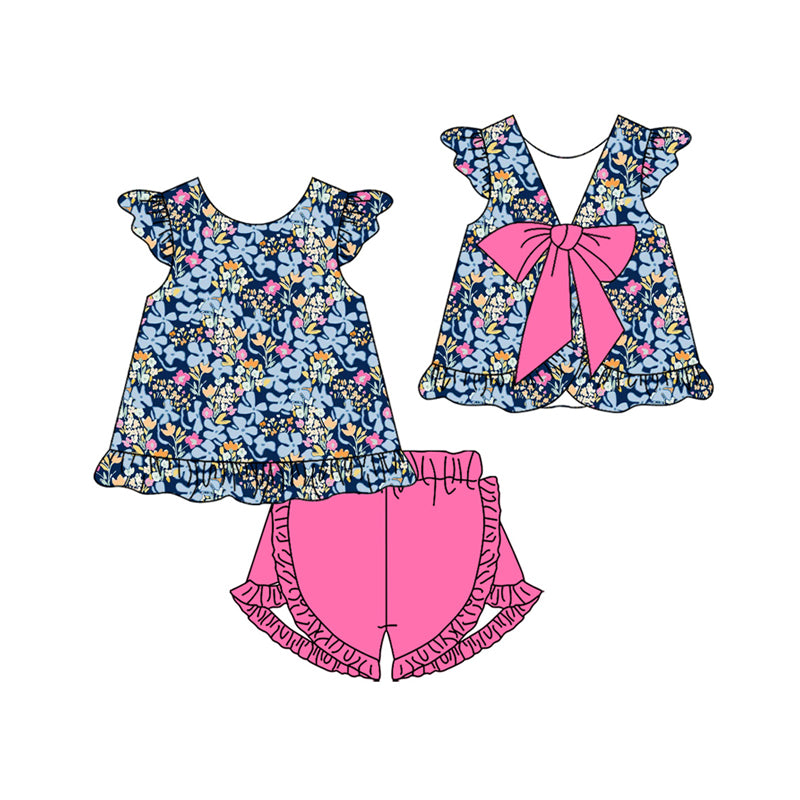 (Pre Order) No moq Baby Girls Colorful Floral Bow Tunic And Ruffle Shorts Outfit Set Cute Rompers for Little Ones