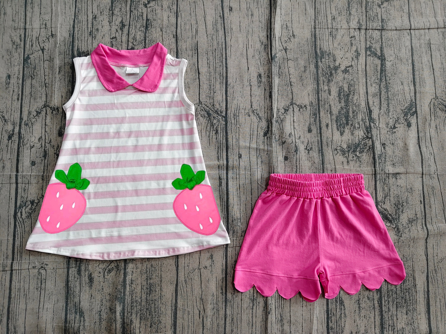 (Sample) No moq milk silk GSSO3631 Baby Girls Stripe Strawberry Collar Scallop Edge Shorts Clothes Set