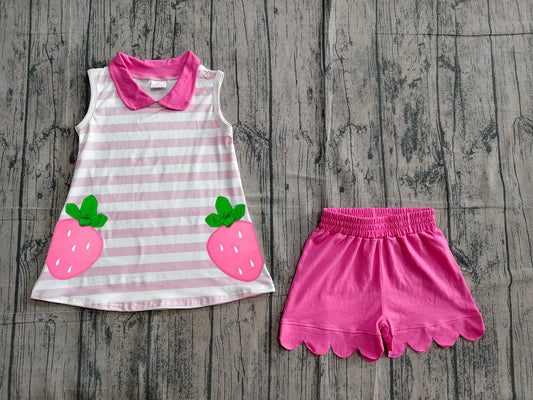 (Sample) No moq milk silk GSSO3631 Baby Girls Stripe Strawberry Collar Scallop Edge Shorts Clothes Set