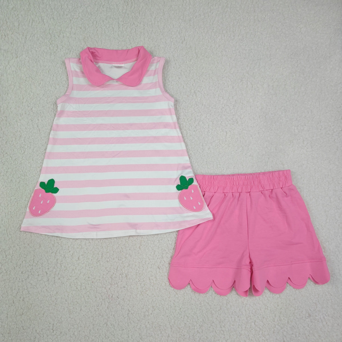 NEW RTS NO MOQ milk silk GSSO3631 Baby Girls Stripe Strawberry Collar Scallop Edge Shorts Set