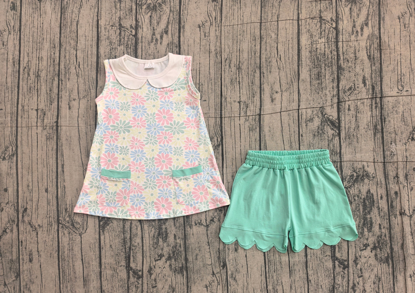 (Sample) No moq  milk silk GSSO3632 Baby Girls Colorful Daisy Floral Collar Pockets Tunic Scallop Shorts Set