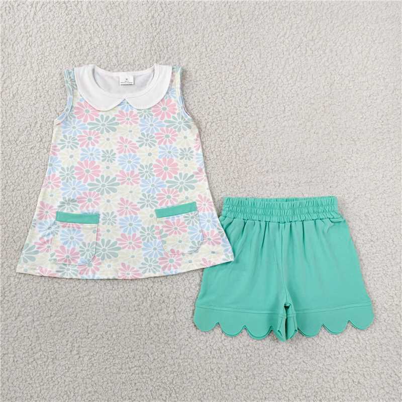RTS NO MOQ Sibling milk silk Baby Girls Sleeveless Peter Pan Collar Tunic Top And Scallop Hem Shorts Summer Outfit