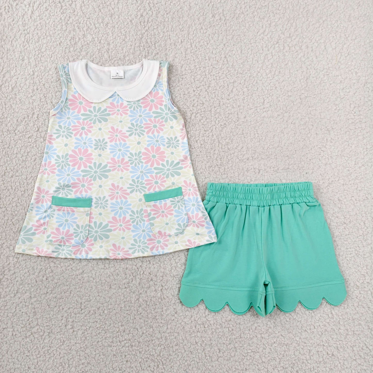 RTS NO MOQ milk silk GSSO3632 Baby Girls Colorful Floral Collar Pockets Tunic Scallop Shorts Set