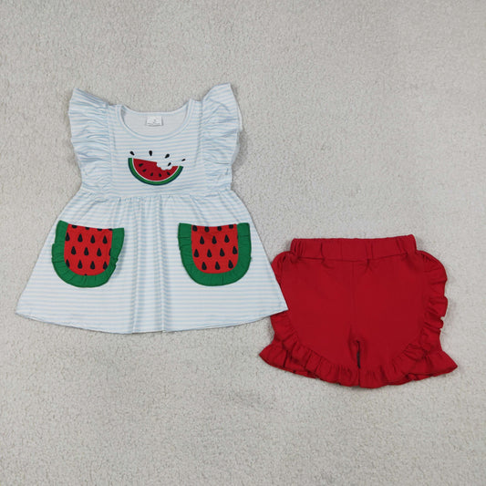 RTS NO MOQ milk silk GSSO3636 Embroidery Watermelon Baby Girls Blue Stripe Pocket Ruffle Short Suits