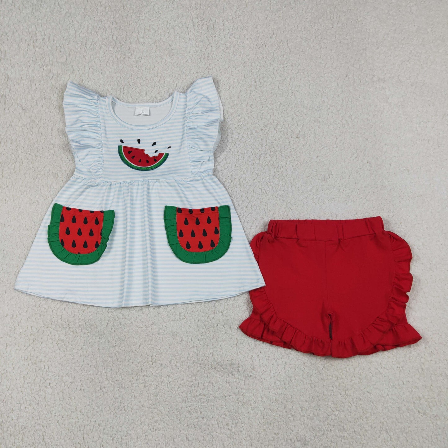 RTS NO MOQ Sibling cotton Baby Girls Watermelon Embroidery Scallop Tunic Ruffle Shorts Set