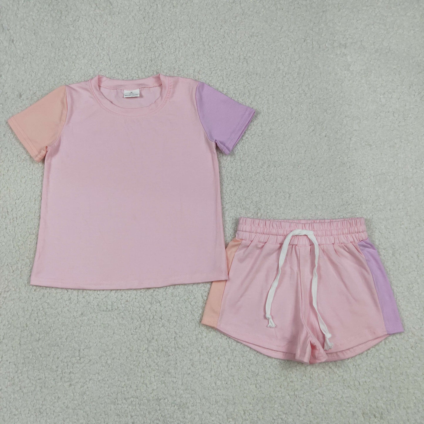 RTS NO MOQ cotton GSSO3638 Baby Girls Sweet Pink Patchwork Short Sleeve Tops Matching Shorts