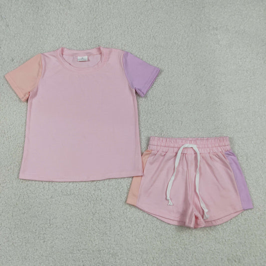 RTS NO MOQ cotton GSSO3638 Baby Girls Sweet Pink Patchwork Short Sleeve Tops Matching Shorts