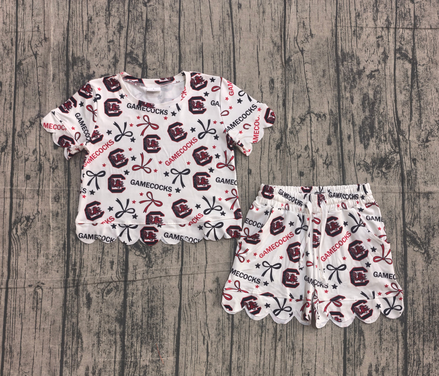 (Sample) No moq GSSO3641 Baby Girls Bow  Short Sleeve Top Scallop Short Casual Clothes Set