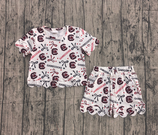 (Sample) No moq GSSO3641 Baby Girls Bow  Short Sleeve Top Scallop Short Casual Clothes Set