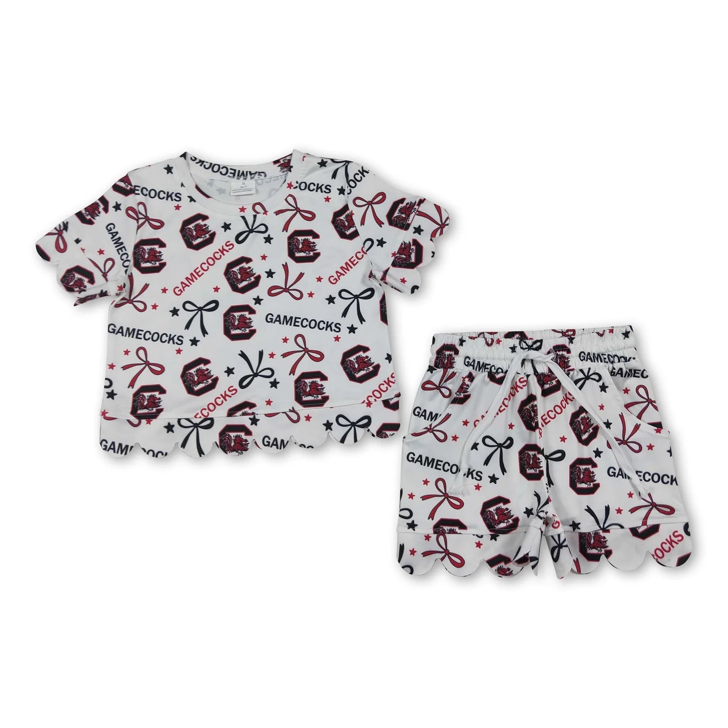 RTS NO MOQ Sibling milk silk Baby Girls Bows Print Top Pockets Shorts Team Scallop Clothes Sets