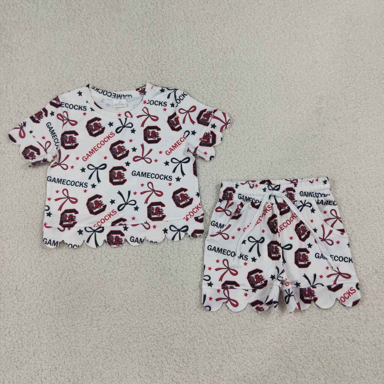 NEW RTS NO MOQ milk silk GSSO3641 Baby Girls Bow Short Sleeve Top Scallop Short Team Clothes Set