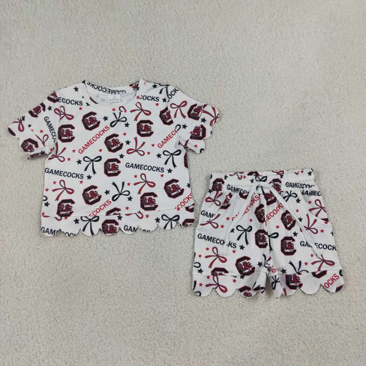 NEW RTS NO MOQ milk silk GSSO3641 Baby Girls Bow Short Sleeve Top Scallop Short Team Clothes Set