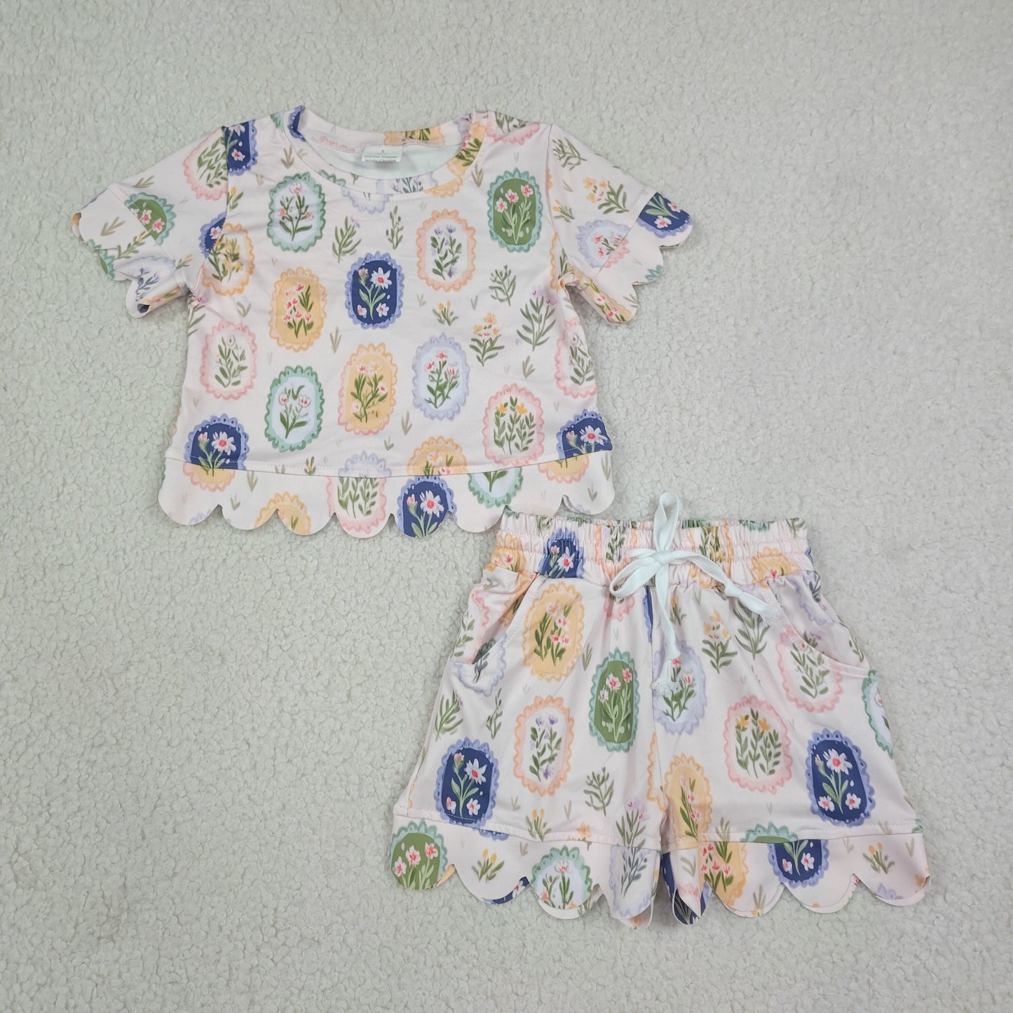 NEW RTS NO MOQ milk silk GSSO3643 Baby Girls Colorful Flowers Top Short Scallop Clothes Sets