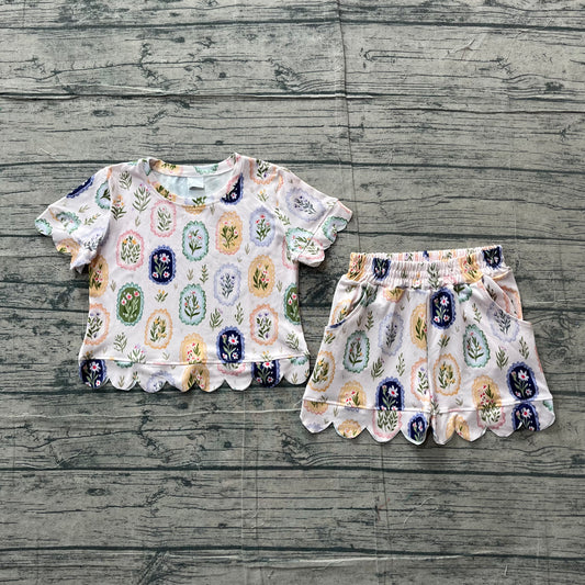 (Sample) No moq milk silk GSSO3643 Baby Girls Colorful Flowers Top Short Scallop Clothes Sets