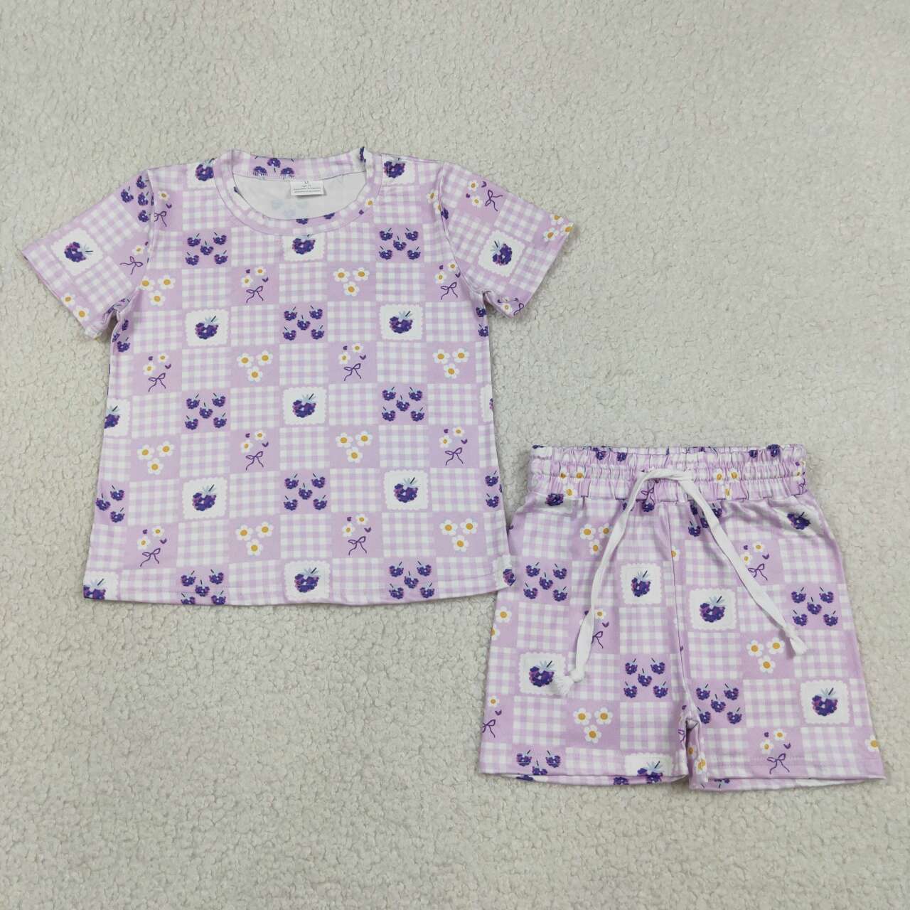 RTS NO MOQ milk silk GSSO3647 Baby Girls Flower Grape Checked Top Slouchy Shorts Set