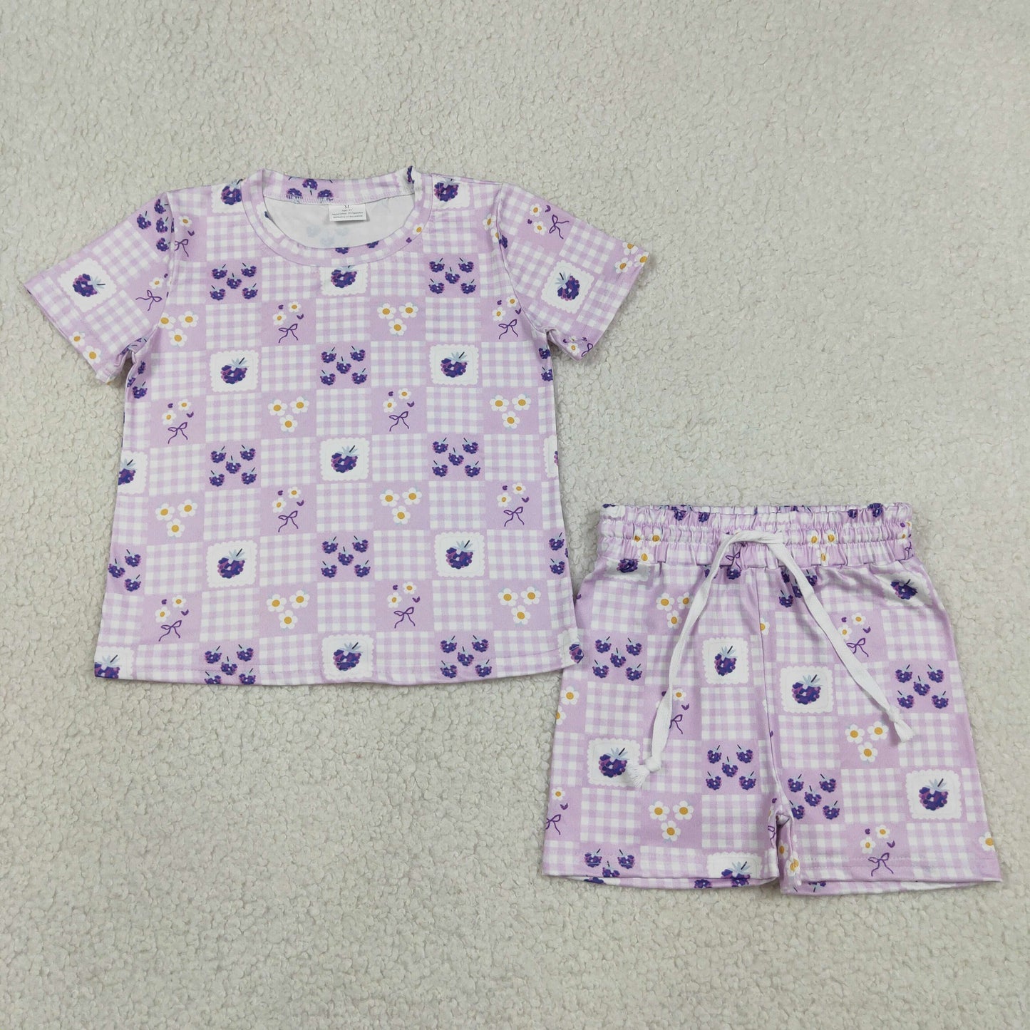 RTS NO MOQ milk silk GSSO3647 Purple Check Floral Short Sleeve Top Short Set