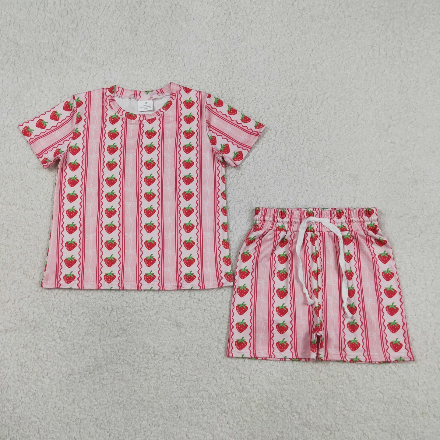 RTS NO MOQ milk silk GSSO3649 Baby Girls Strawberry Stripe Bows Top Short Pajamas Set