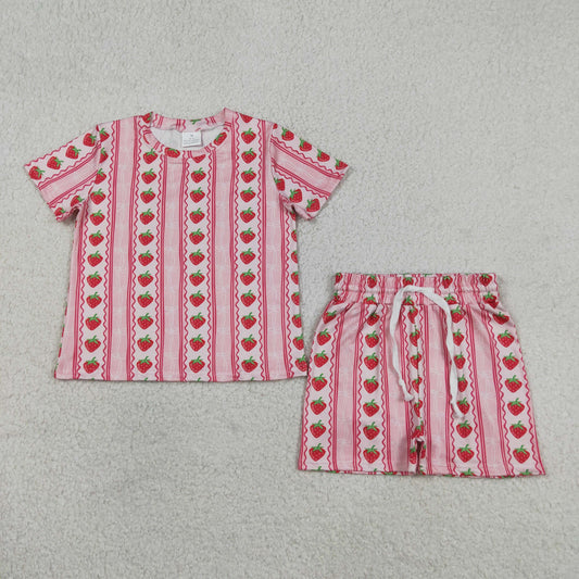 RTS NO MOQ milk silk GSSO3649 Baby Girls Strawberry Stripe Bows Top Short Pajamas Set
