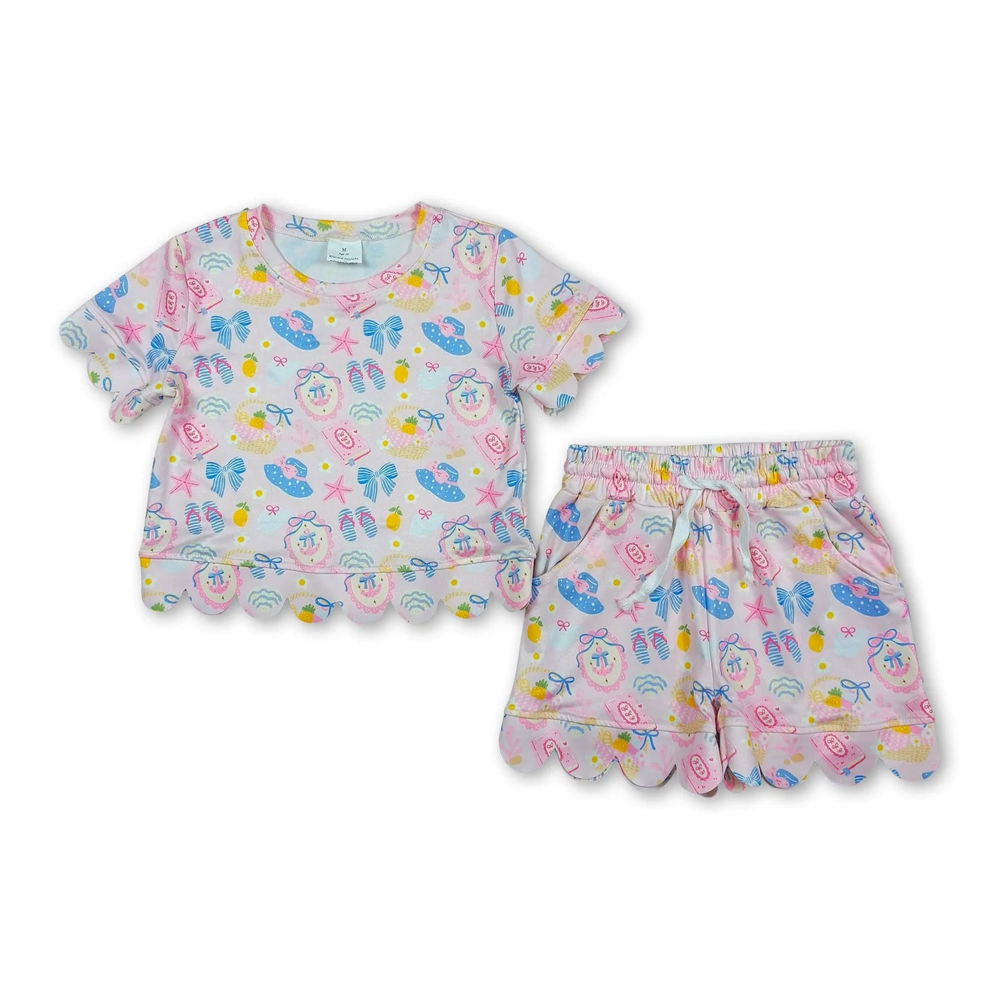 RTS NO MOQ Sibling milk silk Baby Girls Colorful Flowers Short Sleeve Shirt Scallop Casual Shorts Clothing Suit