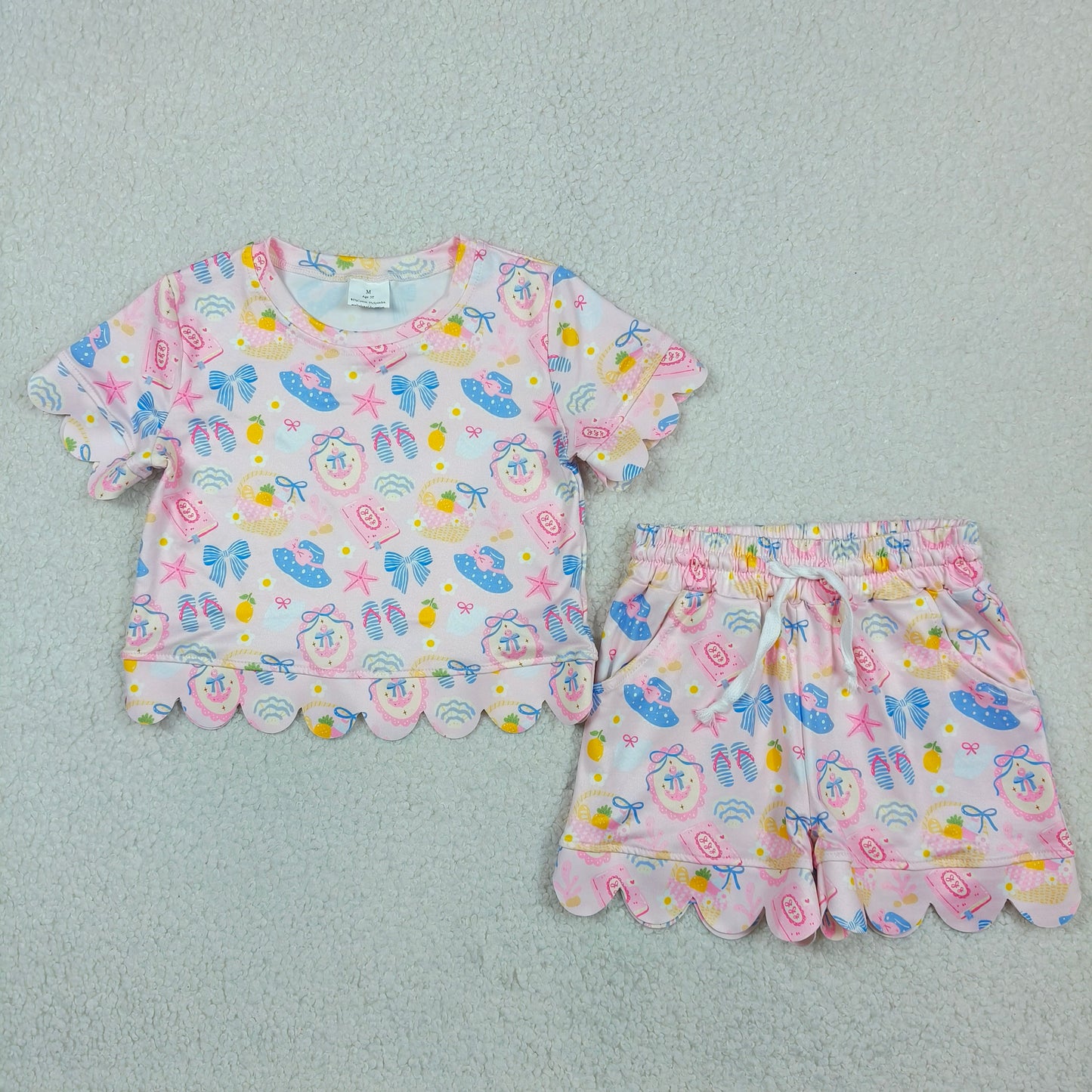 RTS NO MOQ GSSO3657 Baby Girls Pocket Top Beach Flower Scallop Shorts Casual Clothes Set