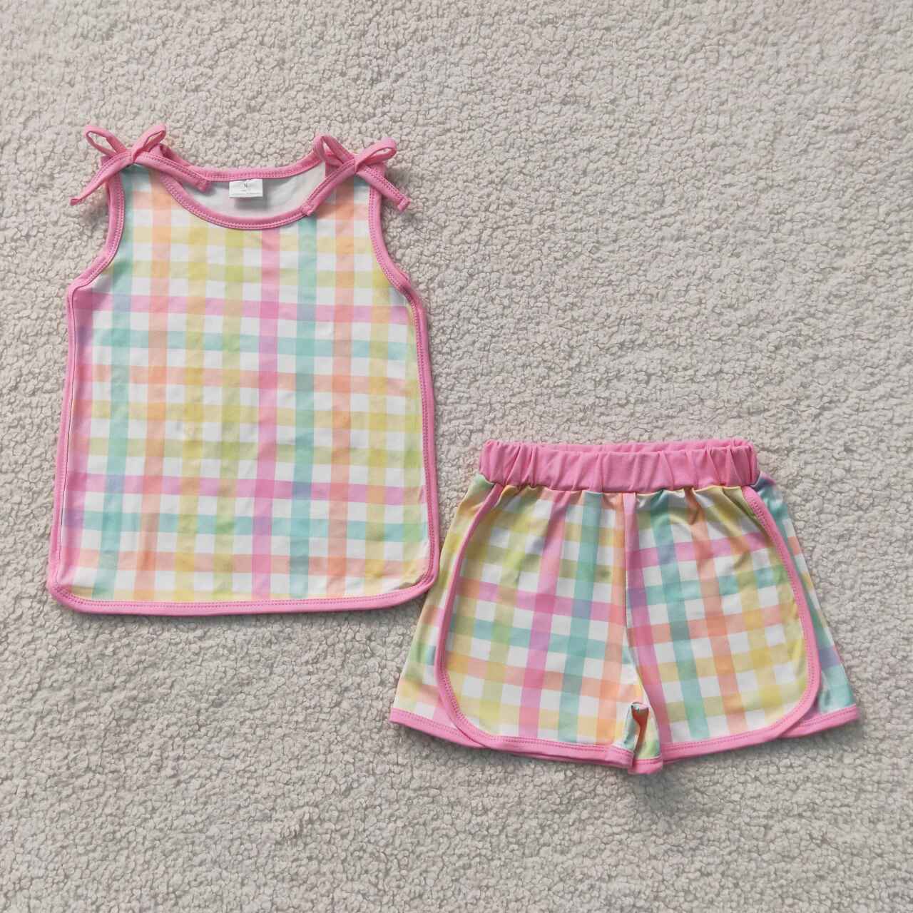 NEW RTS NO MOQ milk silk GSSO3659 Baby Girls Colorful Plaid Sleeveless Shirt Top Shorts Casual Summer Clothes Set