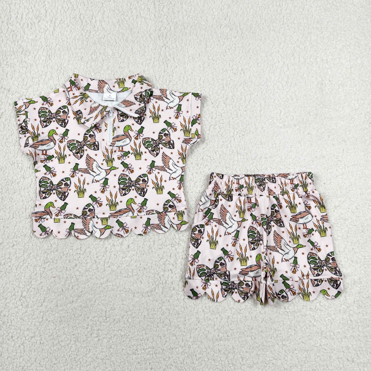 RTS NO MOQ milk silk GSSO3669 Baby Girls Camo Bows Ducks Zipper Scallop Clothes Set