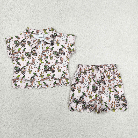 RTS NO MOQ milk silk GSSO3669 Baby Girls Camo Bows Ducks Zipper Scallop Clothes Set