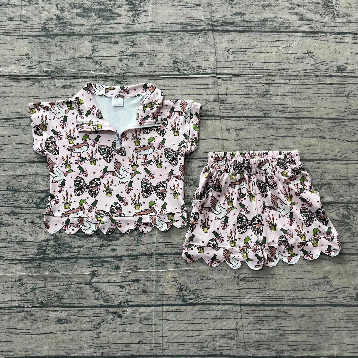 (Sample) No moq milk silk GSSO3669 Baby Girls Fashion Camo Bows Ducks Zipper Scallop Clothes Set