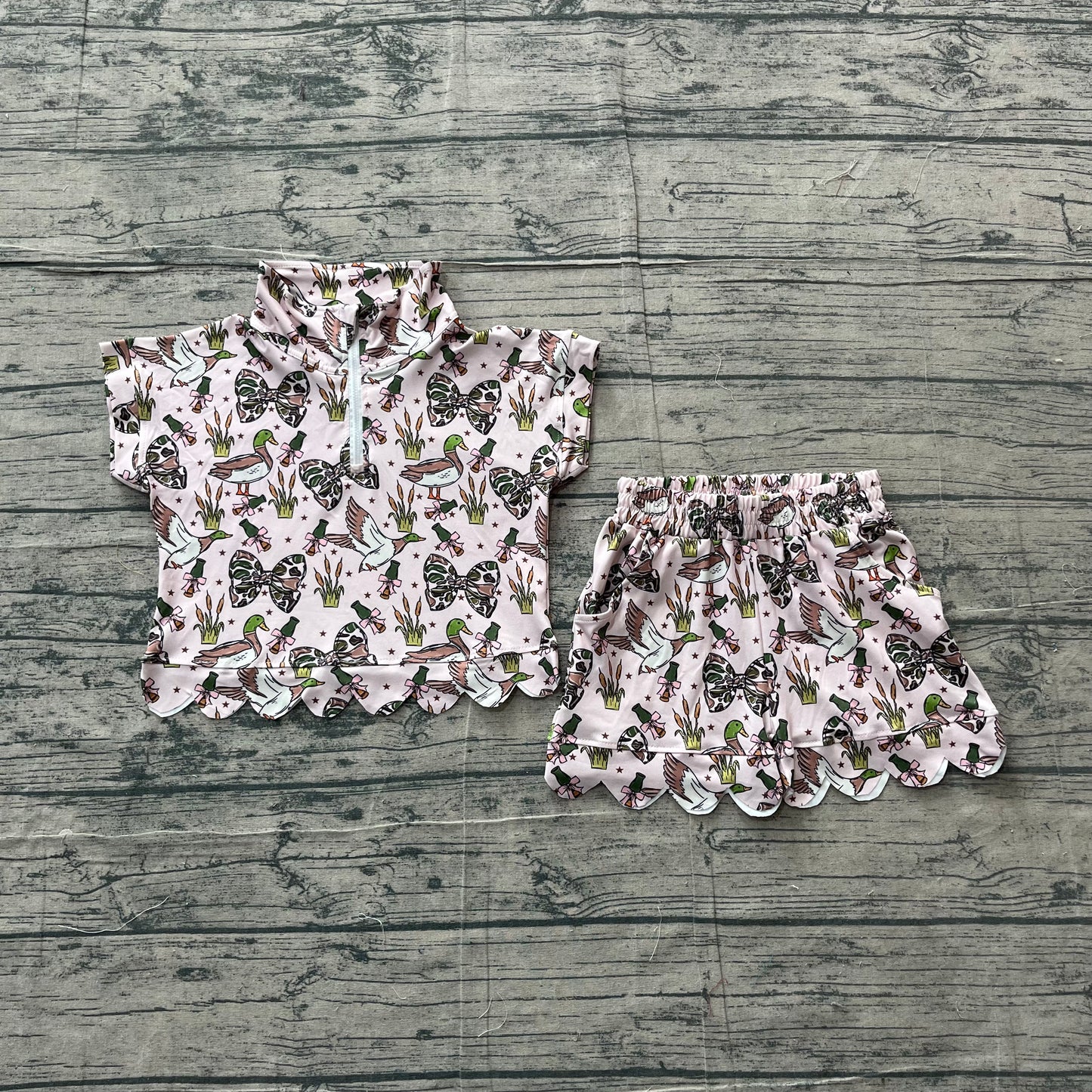 (Sample) No moq milk silk GSSO3669 Baby Girls Fashion Camo Bows Ducks Zipper Scallop Clothes Set
