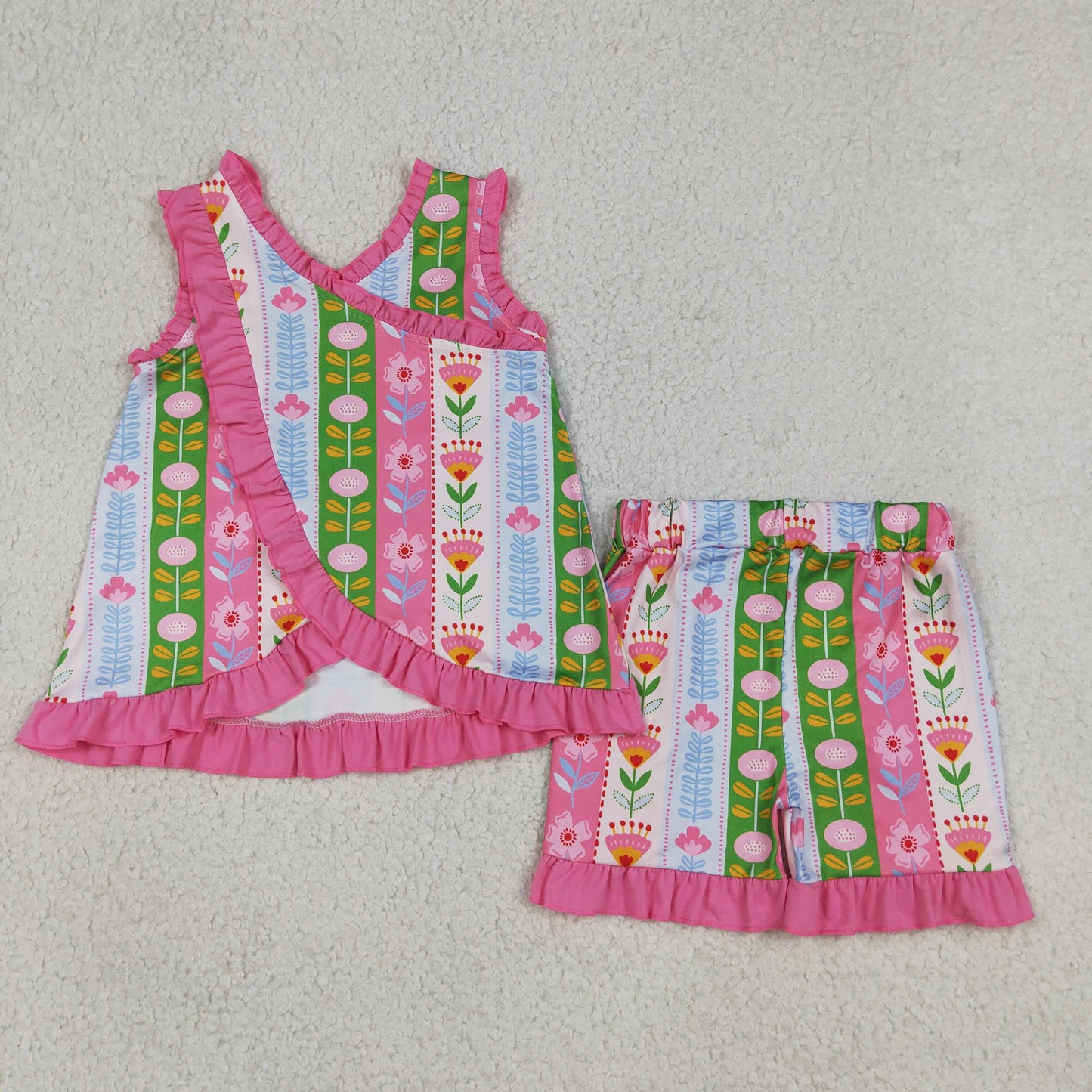 RTS NO MOQ milk silk GSSO3676 Baby Girls Striped Colorful Flower Print Sleeveless Ruffle Two Piece Set
