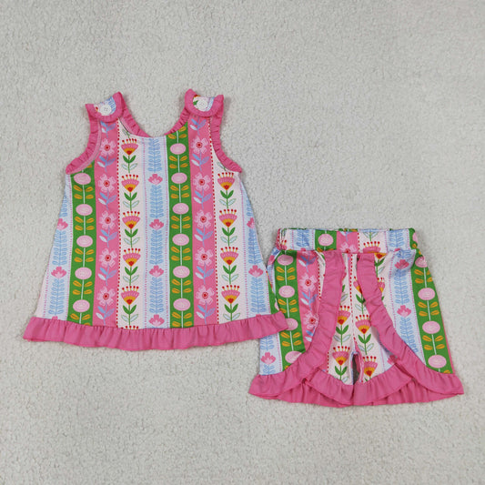 RTS NO MOQ milk silk GSSO3676 Colorful Flower Stripe Sleeveless Tunic Baby Girls Ruffle Short Clothes Sets