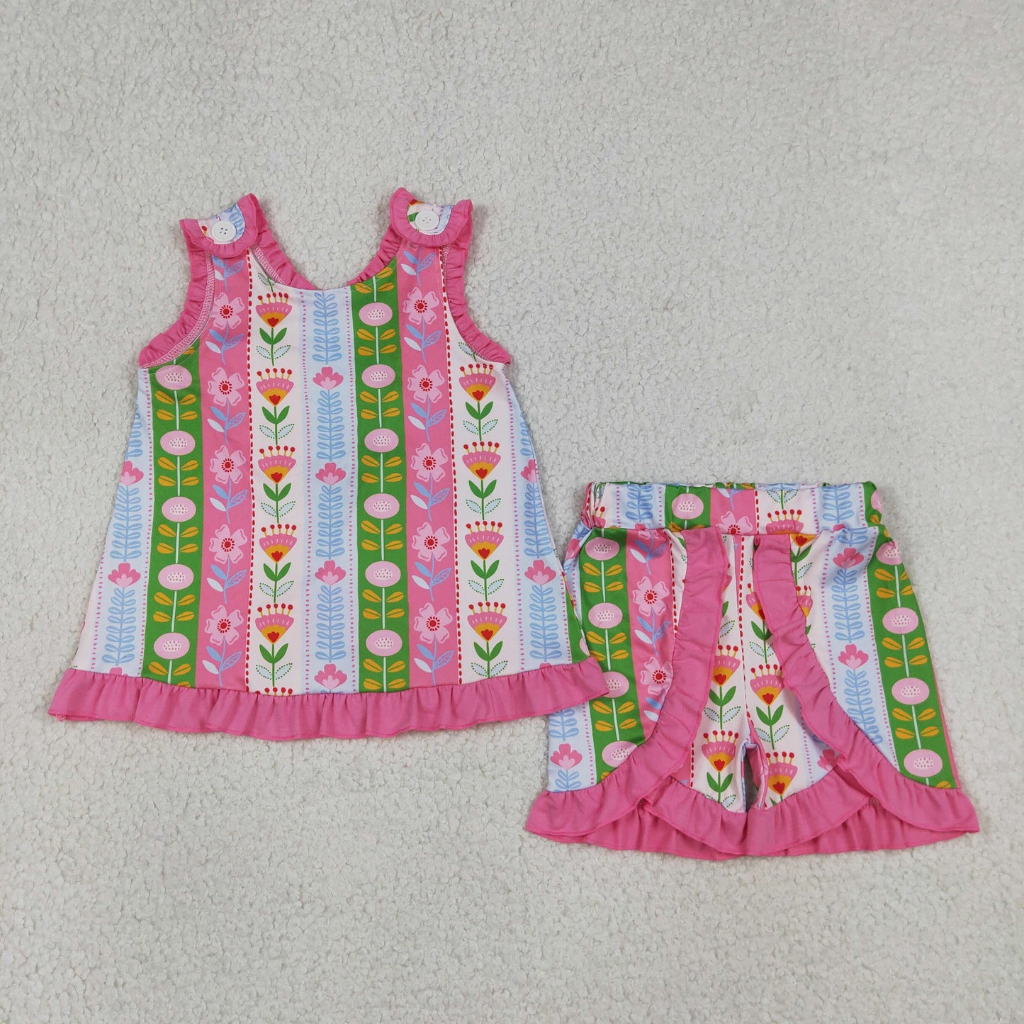 RTS NO MOQ milk silk GSSO3676 Baby Girls Striped Colorful Flower Print Sleeveless Ruffle Two Piece Set