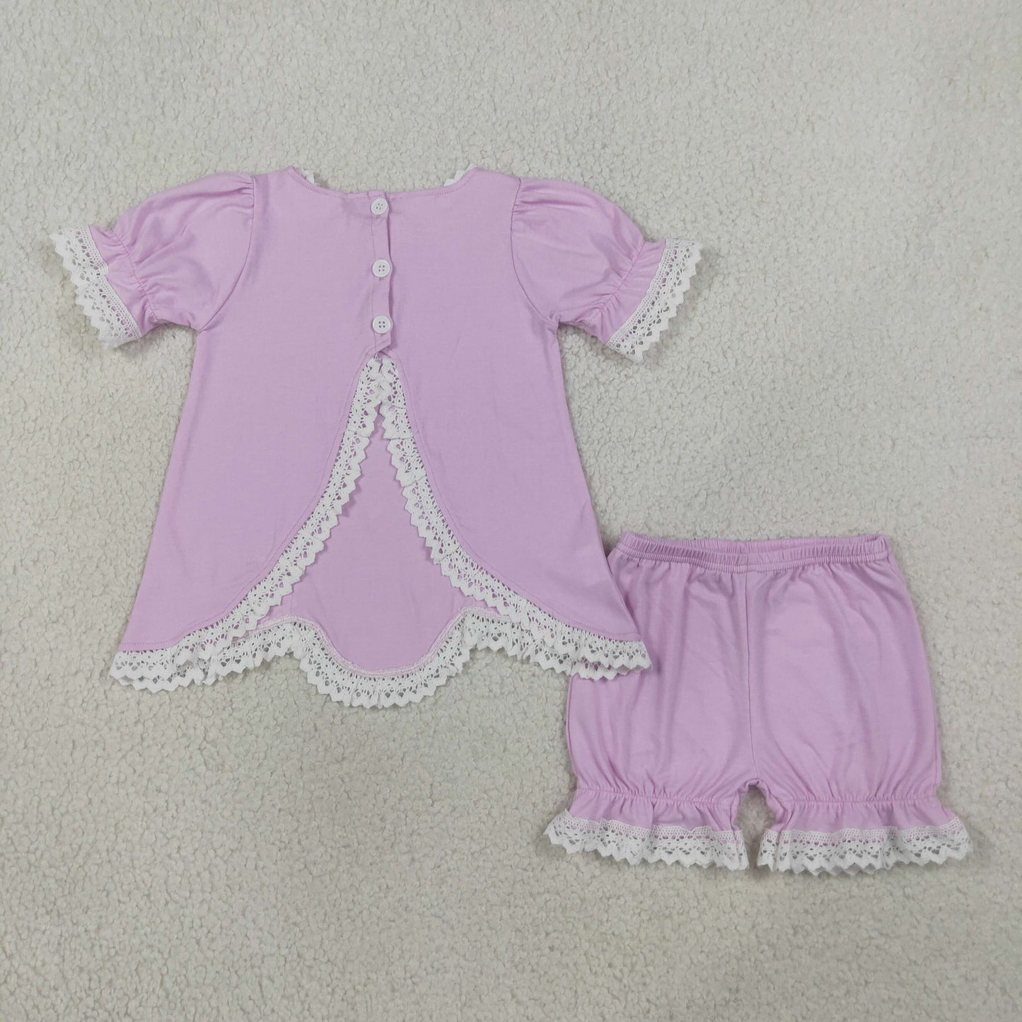 RTS NO MOQ milk silk GSSO3681 Baby Girls Lavender Short Sleeve Lace Scallop Tunic Top Ruffle Shorts Set