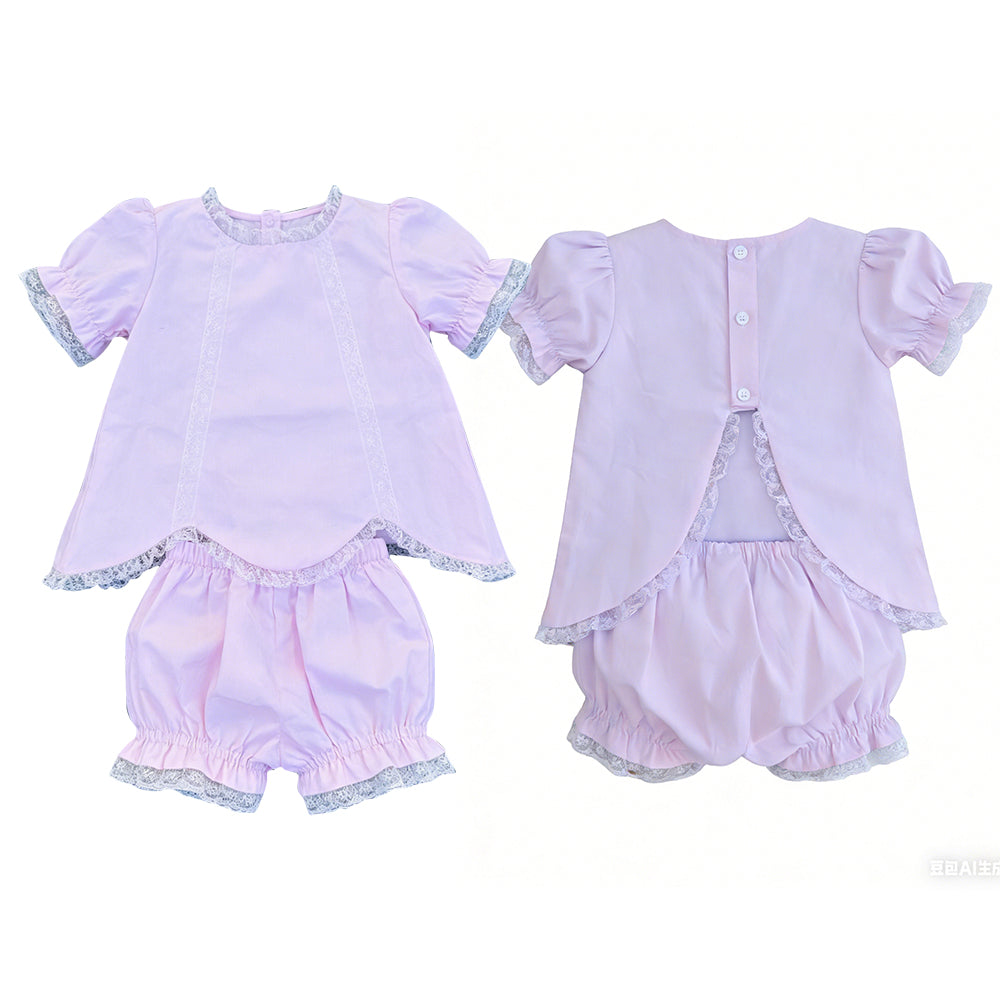 (Preorder new) No moq GSSO3681 Baby Girls Lavender Short Sleeve Lace Scallop Tunic Top Ruffle Shorts Set