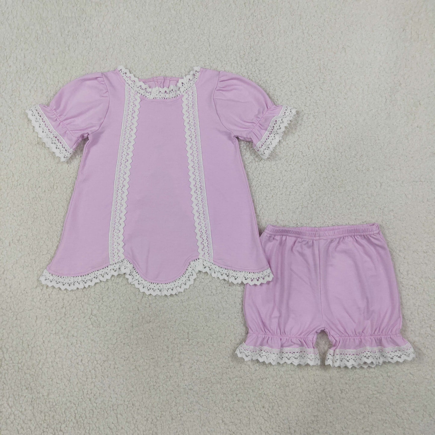 RTS NO MOQ milk silk GSSO3681 Baby Girls Lavender Short Sleeve Lace Scallop Tunic Top Ruffle Shorts Set